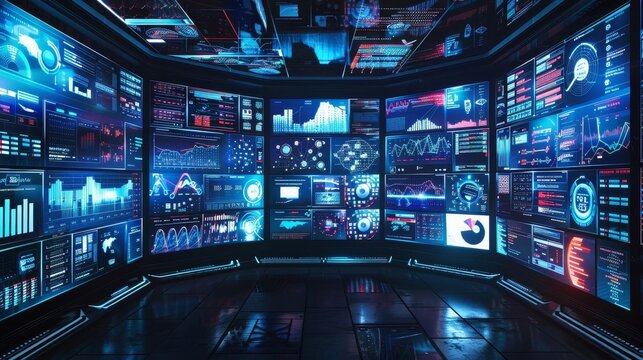 Multiple screens displaying various data analytics and coding information, representing a multitasking environment in technology