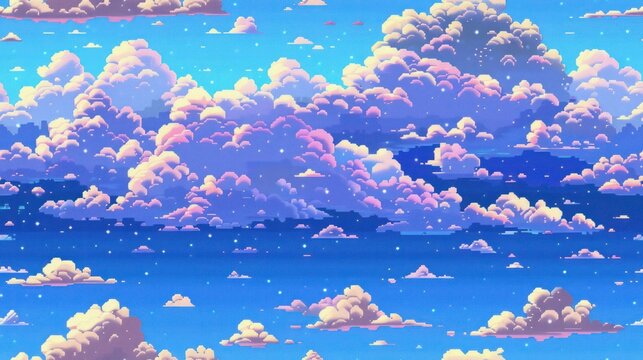  pixelated sky filled with pixelated clouds, creating a nostalgic and charming retro aesthetic. 