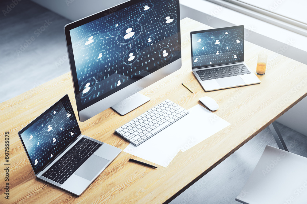 Aufkleber Modern computer monitor with social network icons concept. Marketing and promotion concept. 3D Rendering