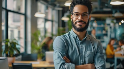 resilient entrepreneur with a steadfast look, overcoming challenges in a startup office environment in the most sought-after stock photo company. 