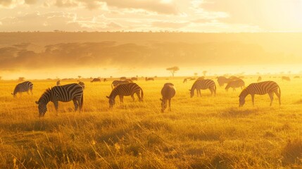 A tranquil morning scene featuring a group of zebras grazing in the golden grass of a sunlit African savannah.