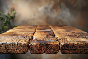 A closeup of an old wooden table with rustic textures and visible grain, set against a blurred background that suggests the concept of nature or wood material. Created with Ai - Powered by Adobe