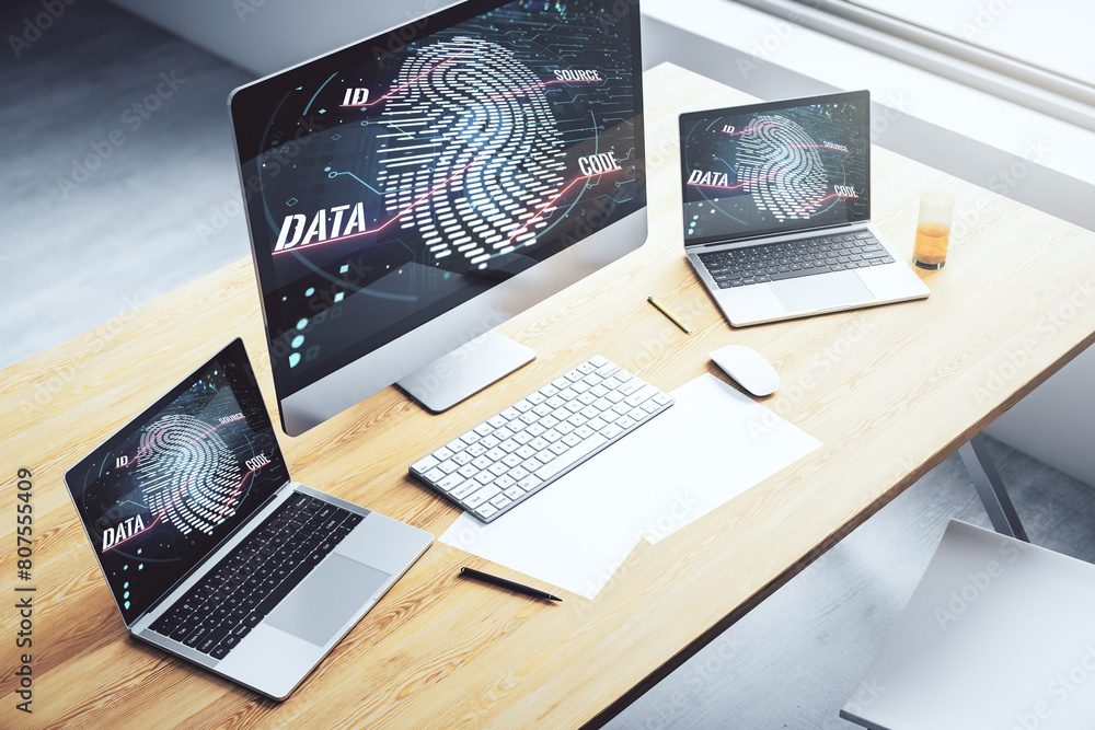 Poster Computer monitor with abstract fingerprint scan interface, digital access concept. 3D Rendering