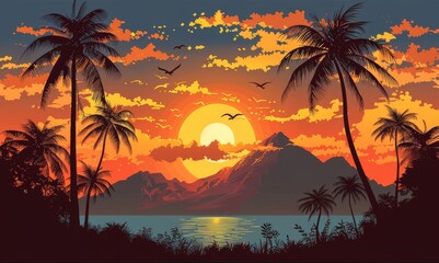 Tropical sunset with silhouetted palm trees and flying birds over a serene ocean, ideal for travel and nature themes