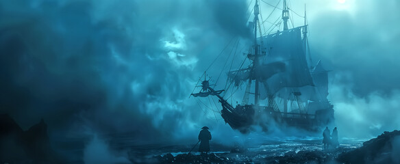 A daring pirate ship sailing through mystical fog, with ghostly