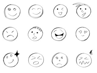 set of smileys with faces, hand drawn ,doodle, white background