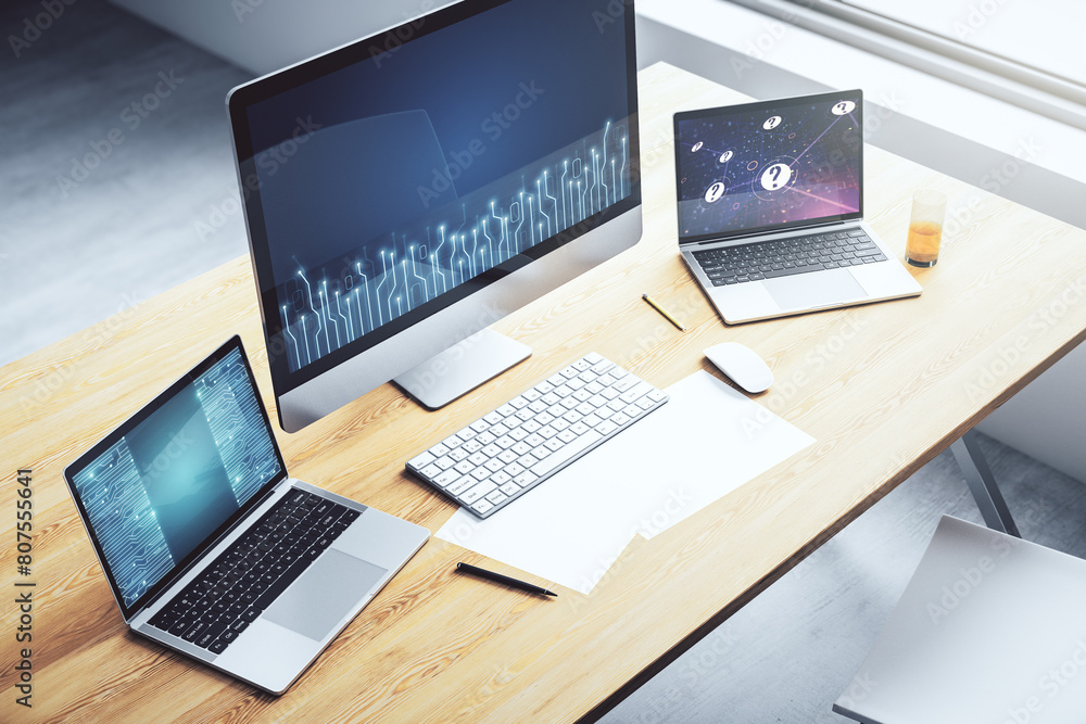 Poster Creative abstract micro circuit sketch on modern laptop monitor, future technology and AI concept. 3D Rendering