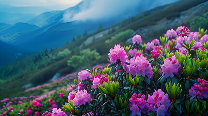 Obraz premium Pink Flowers in Foreground With Mountain Range in Background,Vibrant Rhododendron Blossoms Blanket the Summer Mountains Meadow,Tranquil meadow blooms in pastel hues, vintage botanical grace 