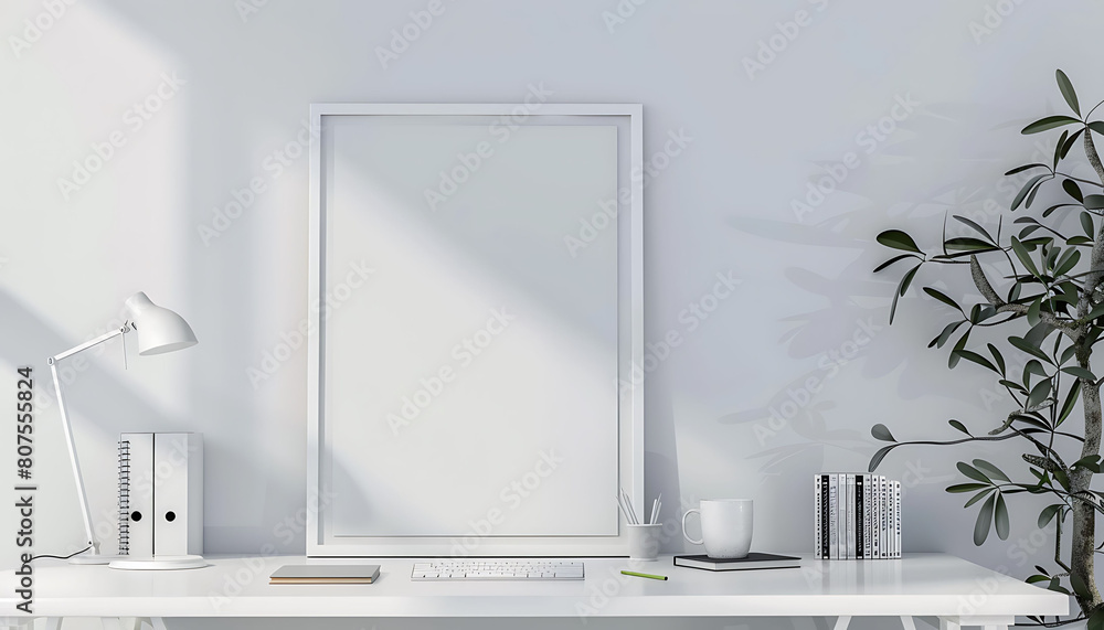 Aufkleber office environment with a white frame mockup, infusing the workspace with a sense of elegance and pr