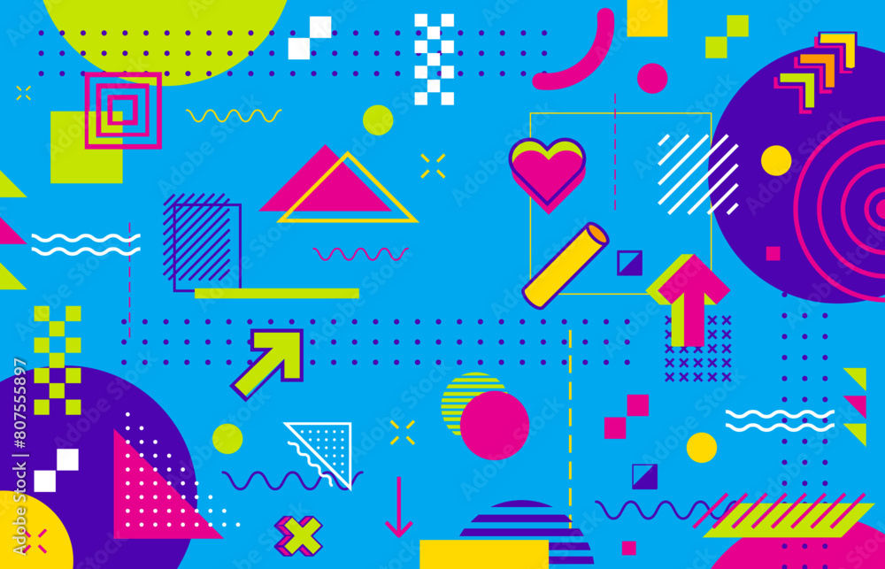 Poster Abstract modern Memphis geometric background with minimal elements and shapes, vector pattern. Memphis graphic art design background with pattern of retro line shapes and simple isometric figures