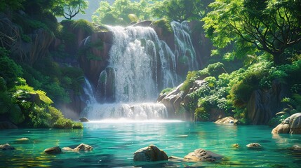 An enchanting landscape showcasing a stunning waterfall cascading down rocky cliffs into a...