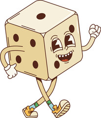 Groovy cartoon casino gambling dice retro character with face, vector comic. Groovy funny dice with funky freaky smile in hipster shoes, 70s hippie art cartoon character of Vegas casino gamble game