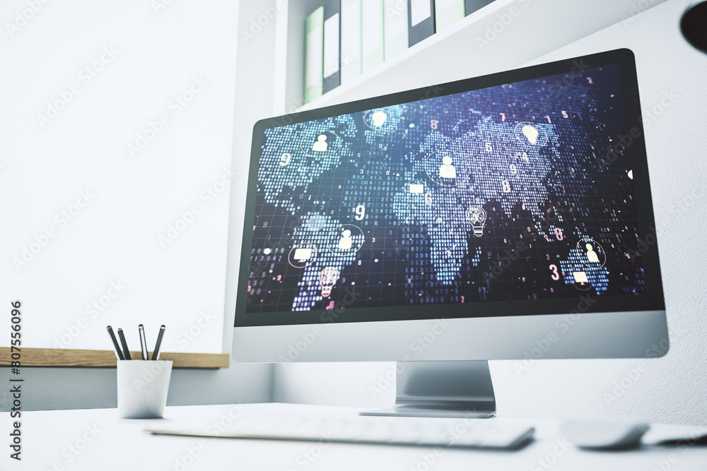 Fototapete modern computer monitor with social network icons concept with world map. marketing and promotion co