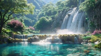An enchanting landscape showcasing a stunning waterfall cascading down rocky cliffs into a crystal-clear pool below