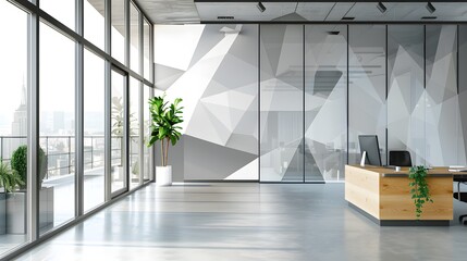 A modern office space adorned with geometric decal patterns.