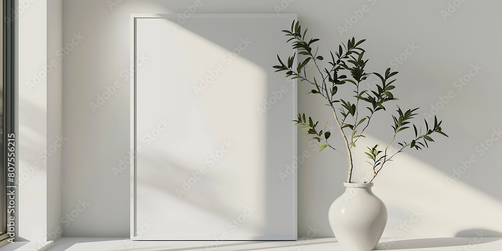Poster tranquil haven in your home with a white frame mockup against a minimalist backdrop, radiating calmn