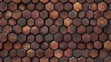   honeycomb-shaped penny tiles, creating a dynamic and visually appealing design. 