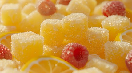 Vibrant close-up of sugary gummies and berries, highlighting health, nutrition, and natural supplements in a colorful way