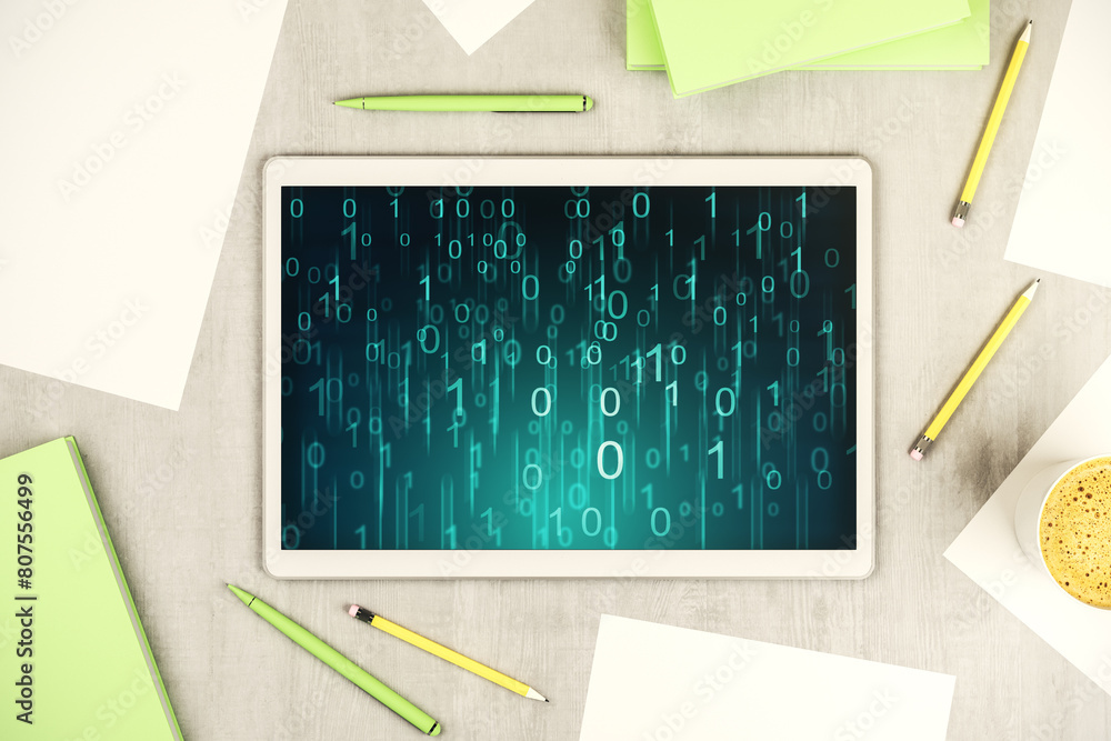Aufkleber Creative abstract binary code hologram on modern digital tablet display, AI and machine learning concept. Top view. 3D Rendering