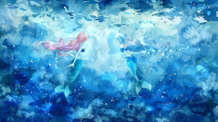 mermaid melody, with her long pink hair and white tail, swims in the blue ocean, accompanied by a blue fish