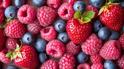 A variety of colorful berries, including strawberries, raspberries, and blueberries, closely...