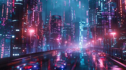 Visualization of data traffic in a digital city, with neon lights representing the flow of information