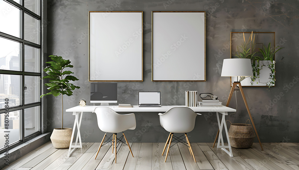 Poster office decor with a white frame mockup, adding a touch of elegance and style to the professional env