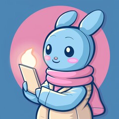 Charming illustration of a blue bunny character in a winter setting, holding a candle and wearing a scarf, with a glowing pink circular background