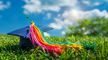 A colorful graduation cap is sitting on the grass. The cap is decorated with a rainbow of colors, and it is placed on a field with a clear blue sky. Concept of accomplishment and celebration