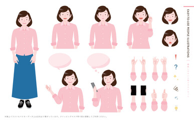 沢山のポーズが作れる笑顔の主婦女性の全身ベクターイラストアイコン_悩む・案内・スマホなど