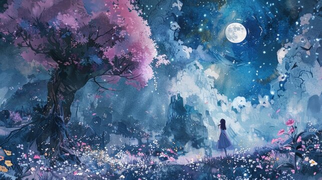 midnight garden galatea painting featuring a tree and a blue dress