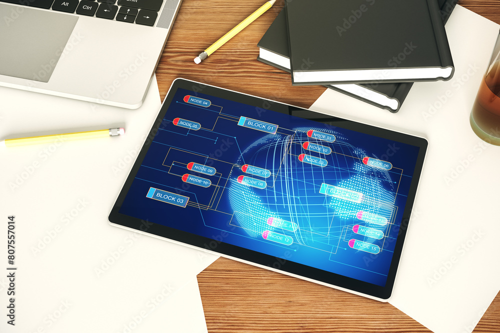 Aufkleber Top view of modern digital tablet screen with abstract creative programming illustration and world map, big data and blockchain concept. 3D Rendering