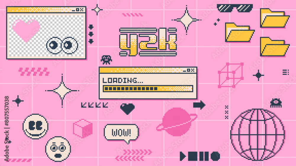 Poster Y2k banner, vector computer pc desktop with interface windows, folders, icons and loading bar. Pink background in retro old 2000s style aesthetic emoji, speech bubbles, stars and planets on screen