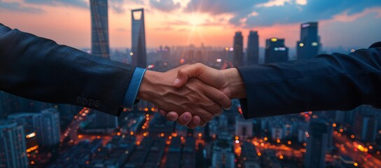 Naklejka premium Businessman handshake on skyscraper background at sunset. Partnership, successful deal, agreement, business contract concept