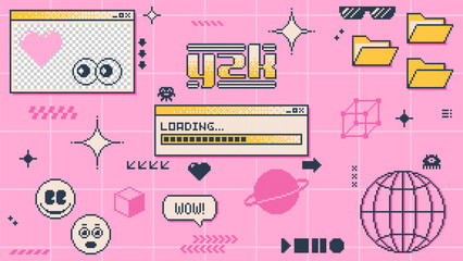 Y2k banner, vector computer pc desktop with interface windows, folders, icons and loading bar. Pink background in retro old 2000s style aesthetic emoji, speech bubbles, stars and planets on screen