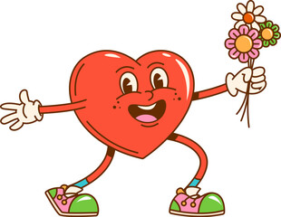 Cartoon groovy valentine heart character with flower bouquet. Retro personage of vector red heart presenting daisy flowers. Romantic love groovy emoticon welcoming with open arms, love hippie emoji