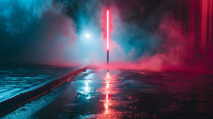 A city street with a red and blue neon light in the middle. The light is surrounded by a foggy mist
