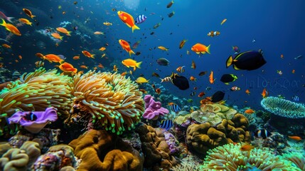 A vibrant coral reef with colorful anemones and tropical fish, showcasing the beauty of marine life in their natural habitat.