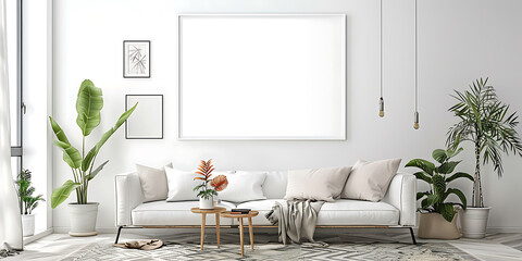 tranquility of minimalist living room with a white frame mockup enhancing the simplicity of your home decor