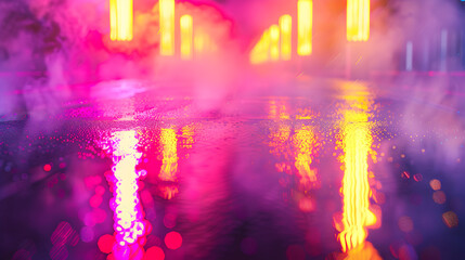 A blurry image of a city street with neon lights and smoke. Scene is mysterious and surreal