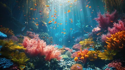 underwater world teeming with an array of colorful fish darting among swaying seaweed 