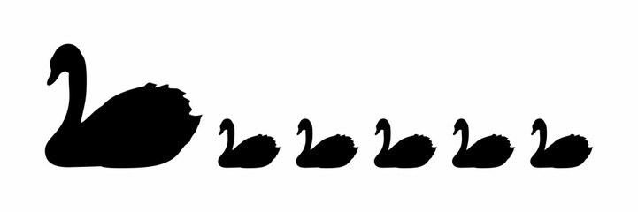 black silhouette of mother goose and goslings lined up - obrazy, fototapety, plakaty