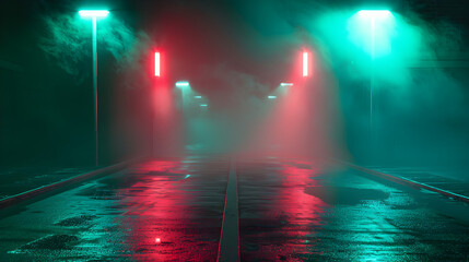 A dark, foggy street with red and green lights