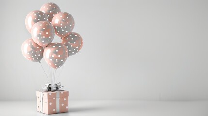 A magical arrangement of silver paper balloons carrying a pastel peach polka-dotted gift box,...