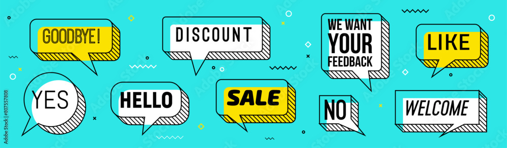 Leinwandbilder memphis speech bubbles isolated vector set. white and yellow dialog clouds with thick outlines and t