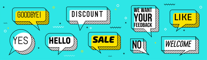 Memphis speech bubbles isolated vector set. White and yellow dialog clouds with thick outlines and typography goodbye, yes, hello and discount or sale, we want your feedback, no, like and welcome