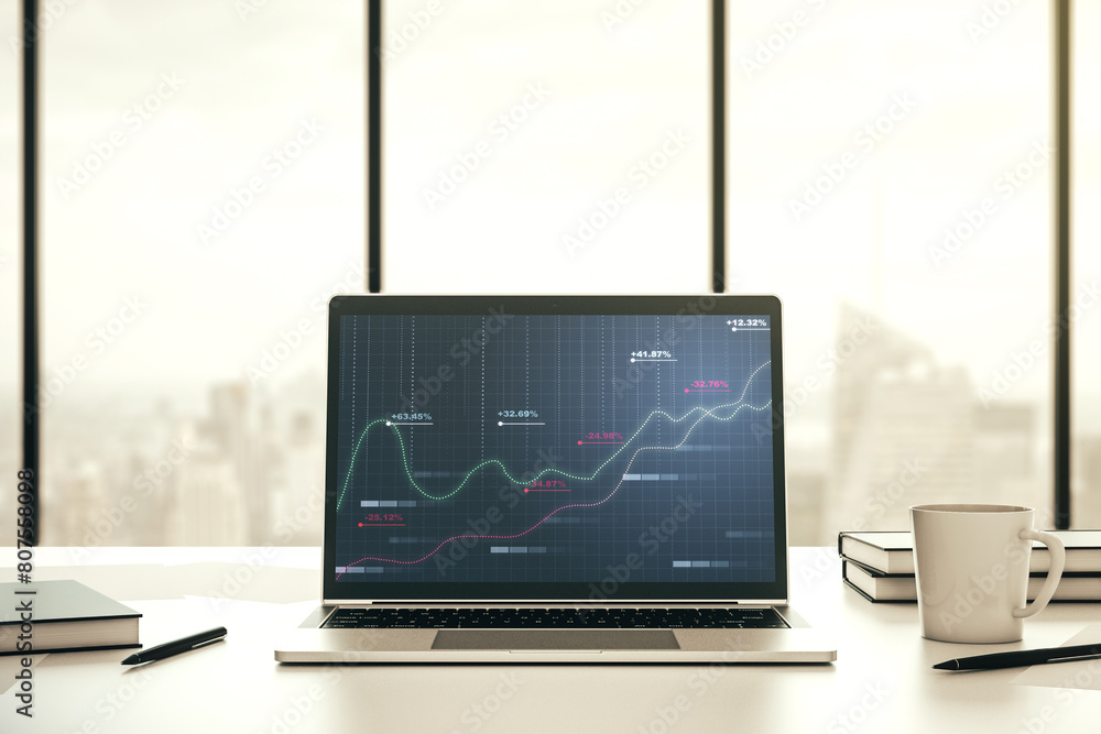 Poster Abstract creative statistics data hologram on modern computer monitor, analytics and forecasting concept. 3D Rendering