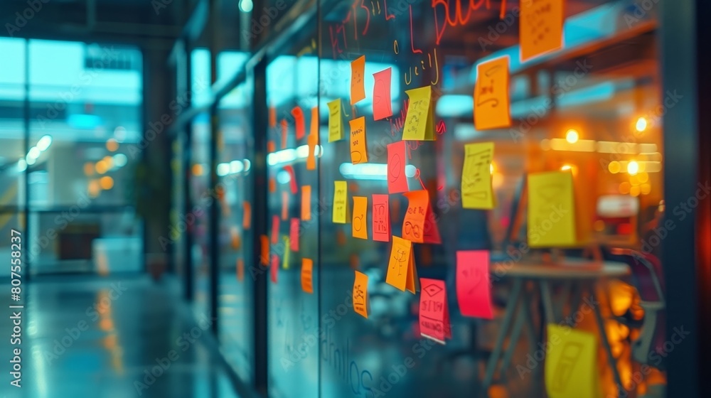 Poster a thoughtful entrepreneur engages in a brainstorming session using colorful sticky notes on a glass 