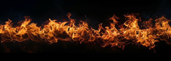 Panoramic View of Fiery Flames Dancing Against a Black Background, Evoking a Powerful Display of Intense Heat and Light. Image made using Generative AI.