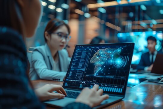 Team Analyzing Global Data Networks on Laptop. Team collaborates on a laptop displaying advanced global data networks, symbolizing connectivity and digital globalization.